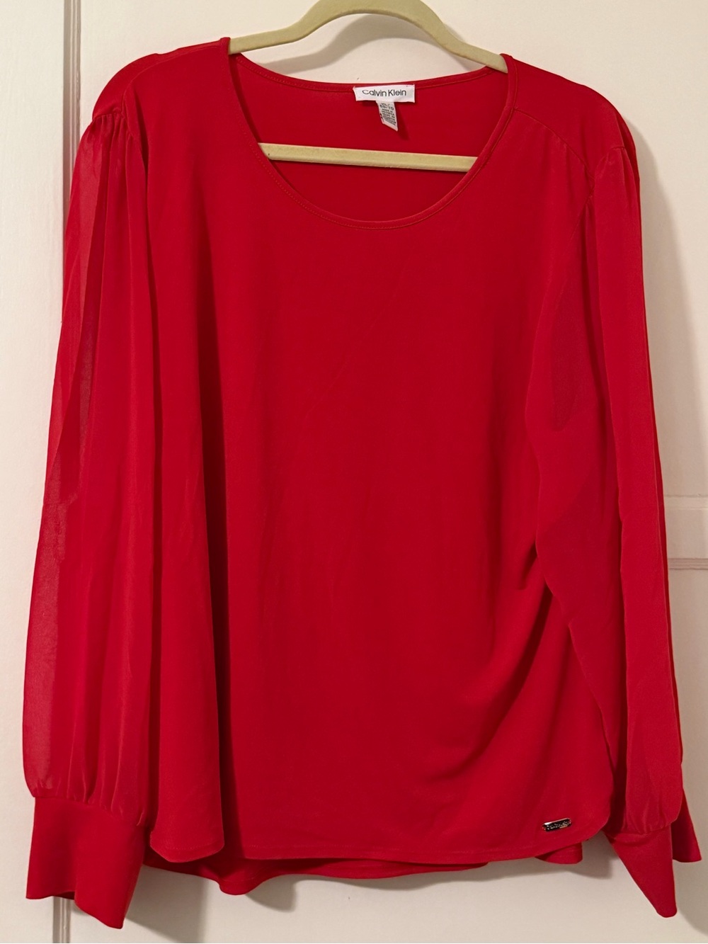 Calvin Klein Vibrant Red Long-Sleeve Sheer-Sleeve Top